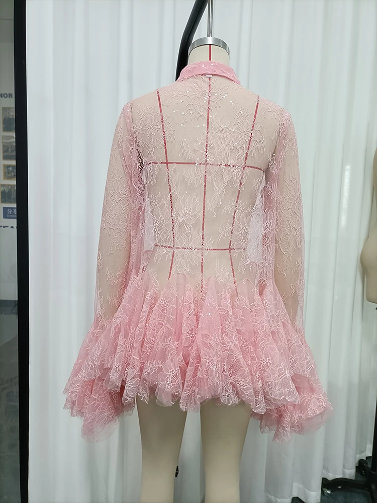 TWOTWINSTYLE Sheer Spliced Ruffles Folds Mini Dresses for Women Lapel Long Sleeves Patchwork Single Breasted Sexy Dress Female