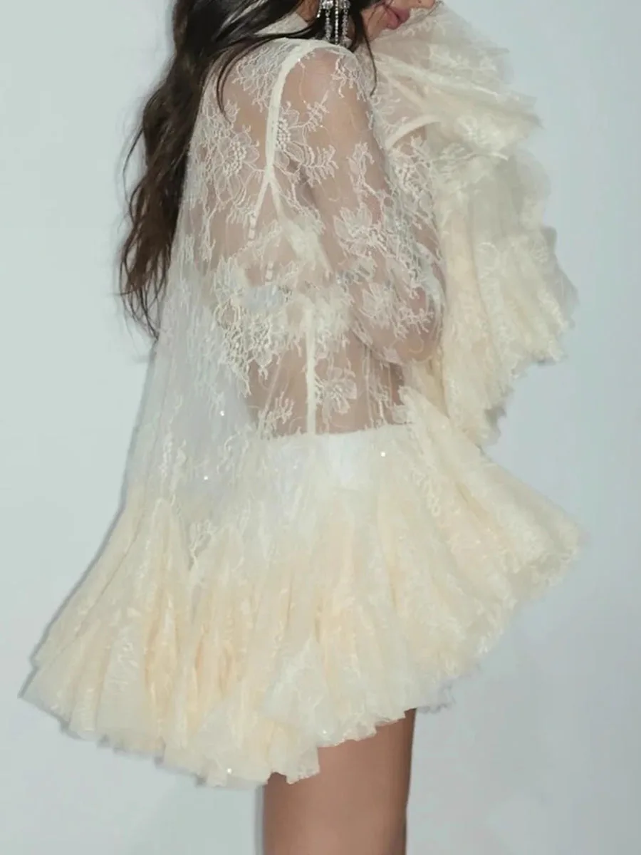 TWOTWINSTYLE Sheer Spliced Ruffles Folds Mini Dresses for Women Lapel Long Sleeves Patchwork Single Breasted Sexy Dress Female