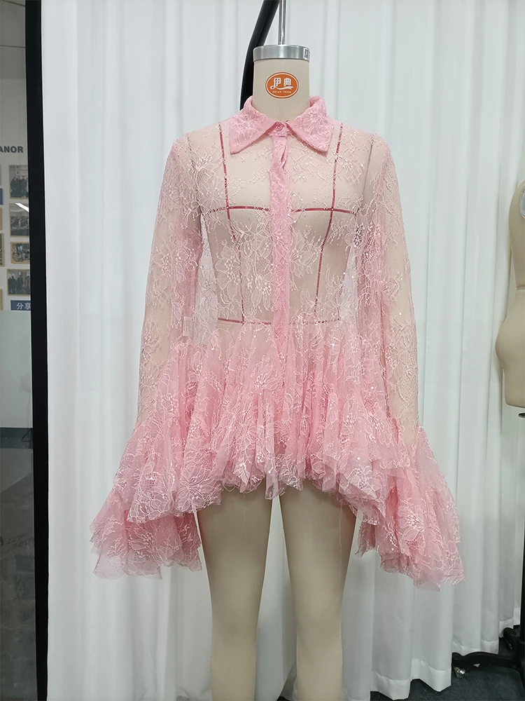 TWOTWINSTYLE Sheer Spliced Ruffles Folds Mini Dresses for Women Lapel Long Sleeves Patchwork Single Breasted Sexy Dress Female