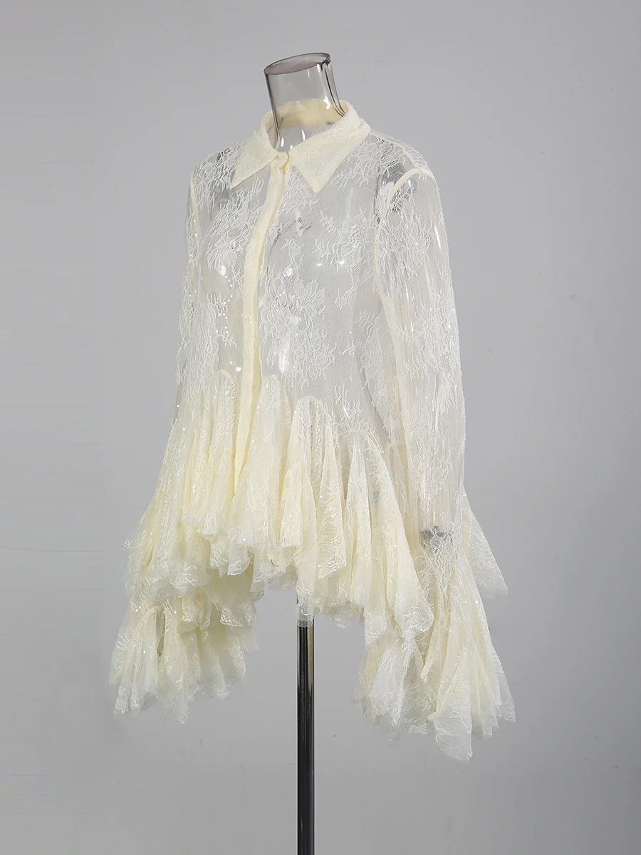 TWOTWINSTYLE Sheer Spliced Ruffles Folds Mini Dresses for Women Lapel Long Sleeves Patchwork Single Breasted Sexy Dress Female