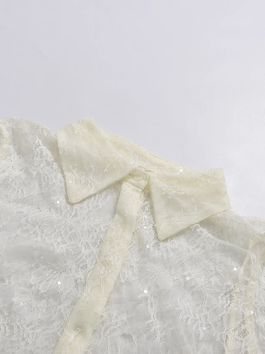 TWOTWINSTYLE Sheer Spliced Ruffles Folds Mini Dresses for Women Lapel Long Sleeves Patchwork Single Breasted Sexy Dress Female
