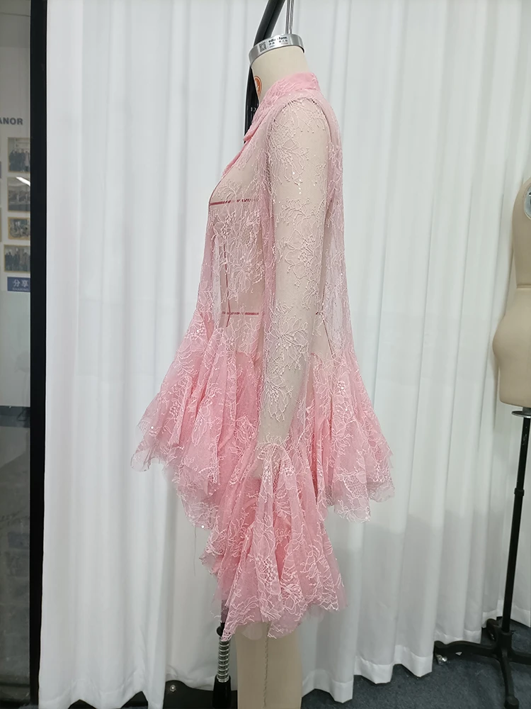 TWOTWINSTYLE Sheer Spliced Ruffles Folds Mini Dresses for Women Lapel Long Sleeves Patchwork Single Breasted Sexy Dress Female