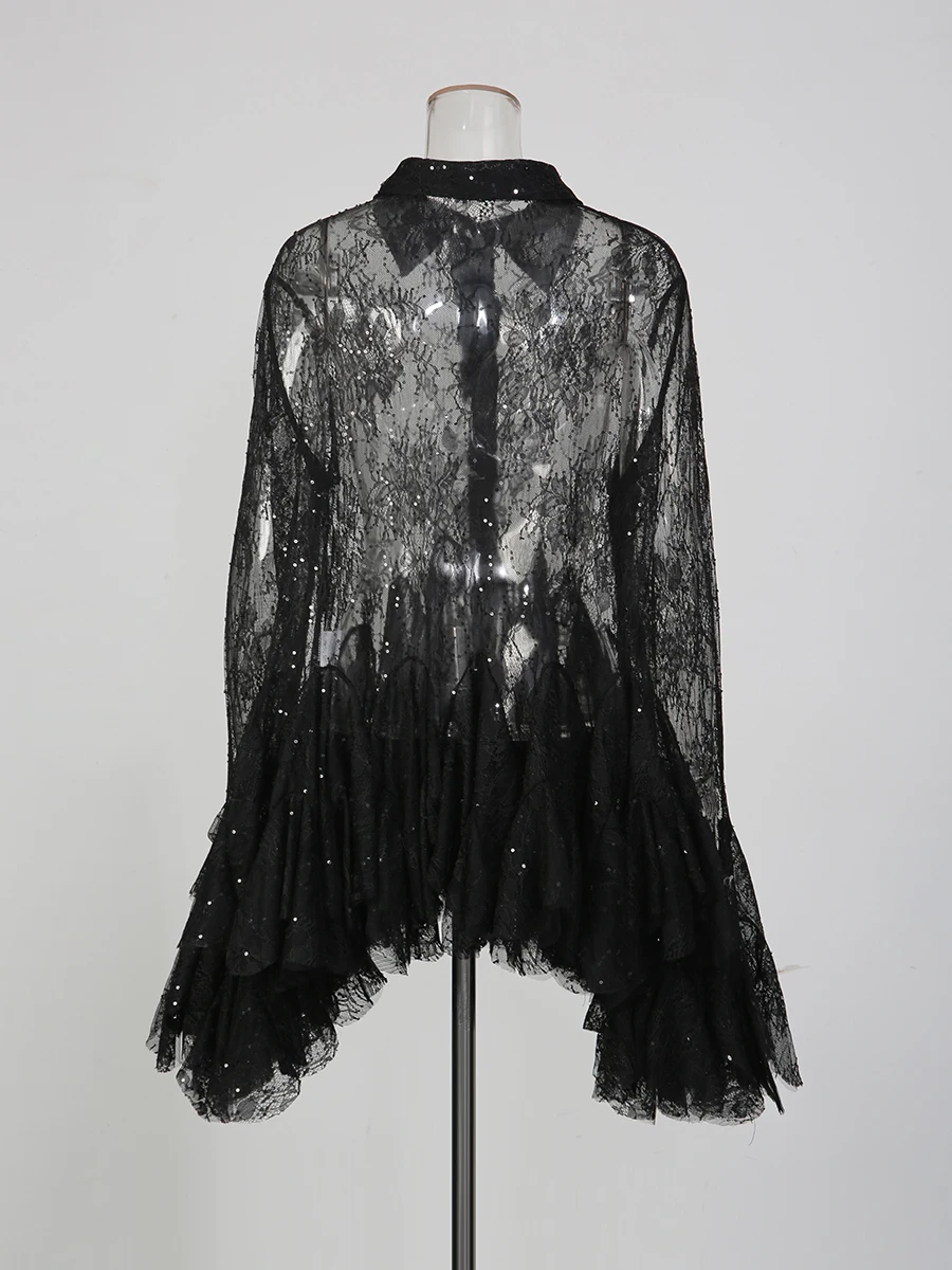 TWOTWINSTYLE Sheer Spliced Ruffles Folds Mini Dresses for Women Lapel Long Sleeves Patchwork Single Breasted Sexy Dress Female