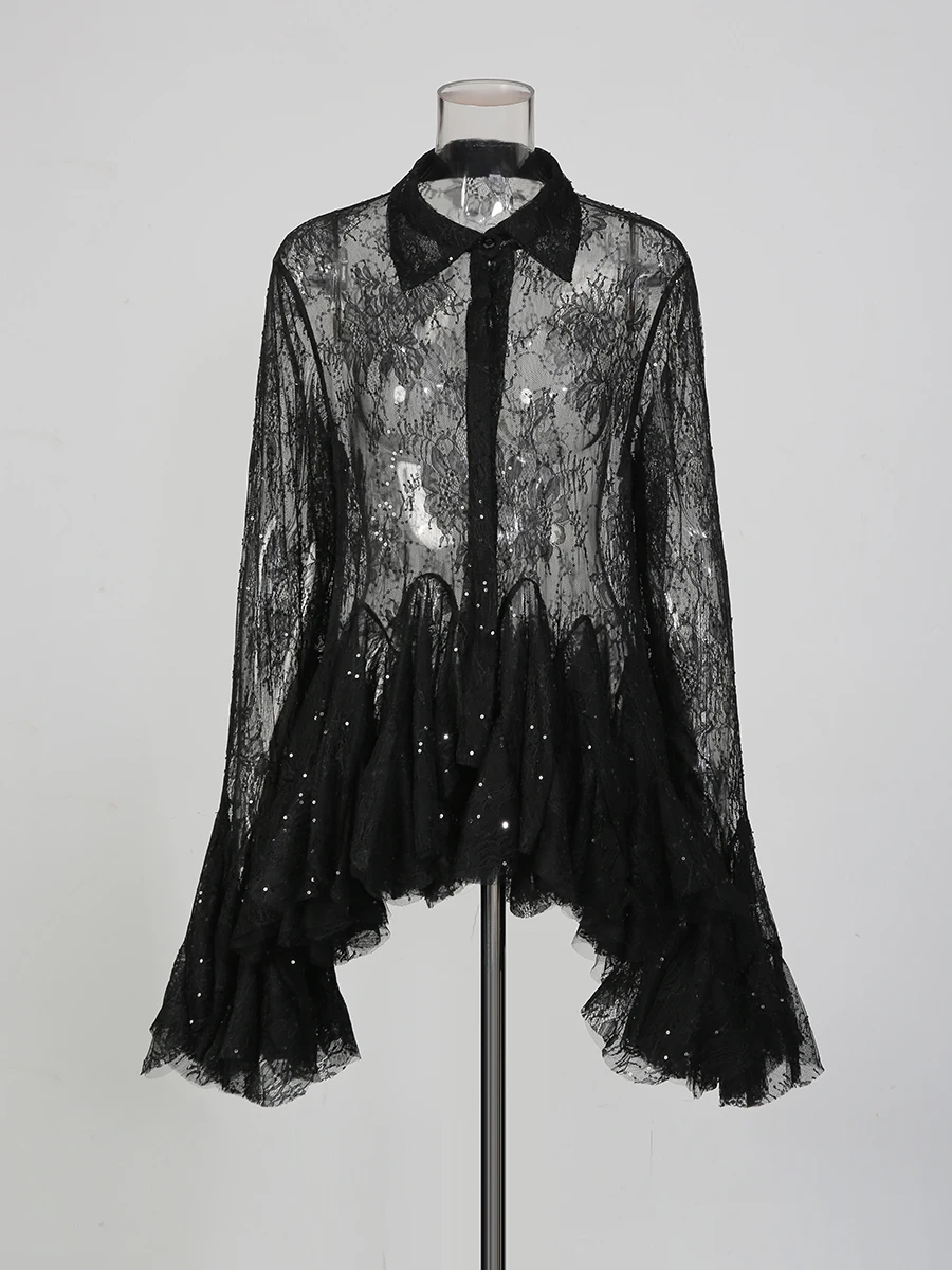 TWOTWINSTYLE Sheer Spliced Ruffles Folds Mini Dresses for Women Lapel Long Sleeves Patchwork Single Breasted Sexy Dress Female