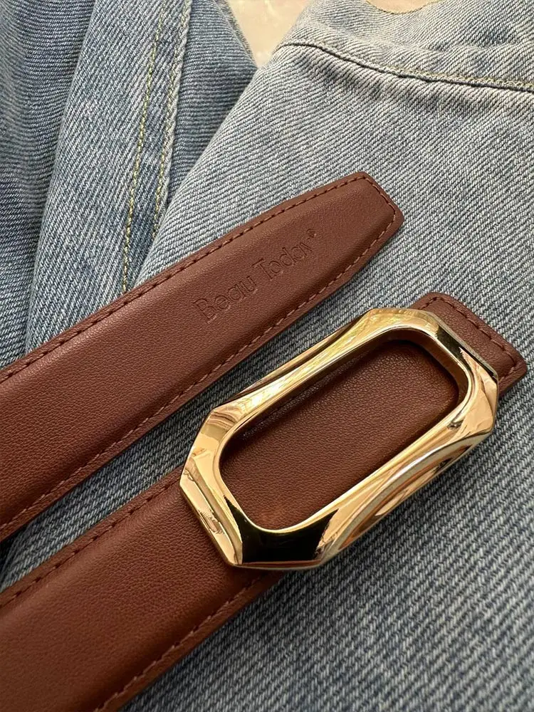 BEAUTODAY Casual Belts Women Genuine Cow Leather Metal Square Buckle Luxury Waistband Female Accessories Handmade 91112