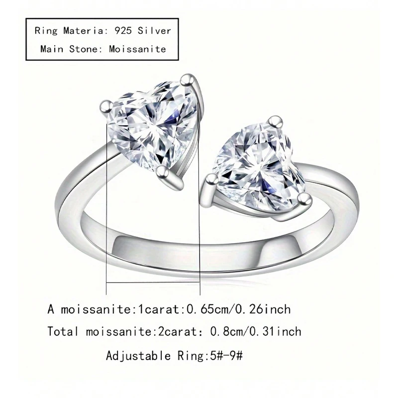 925 Silver Heart-Shaped 2 Carat Moissanite Adjustable Ring Is Fashionable and Simple, Suitable for Daily Life and Wedding