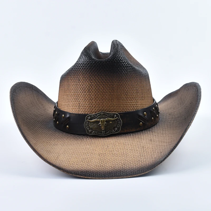 New Western Style Straw Cowboy Summer Hats for Men Vintage Curled Wide Brim Cowgirl Hats Sombrero Hombre
