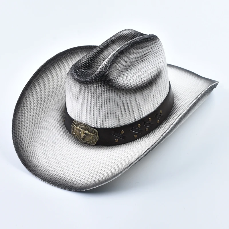 New Western Style Straw Cowboy Summer Hats for Men Vintage Curled Wide Brim Cowgirl Hats Sombrero Hombre