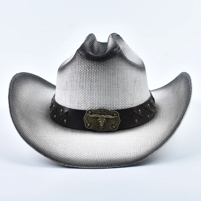 New Western Style Straw Cowboy Summer Hats for Men Vintage Curled Wide Brim Cowgirl Hats Sombrero Hombre