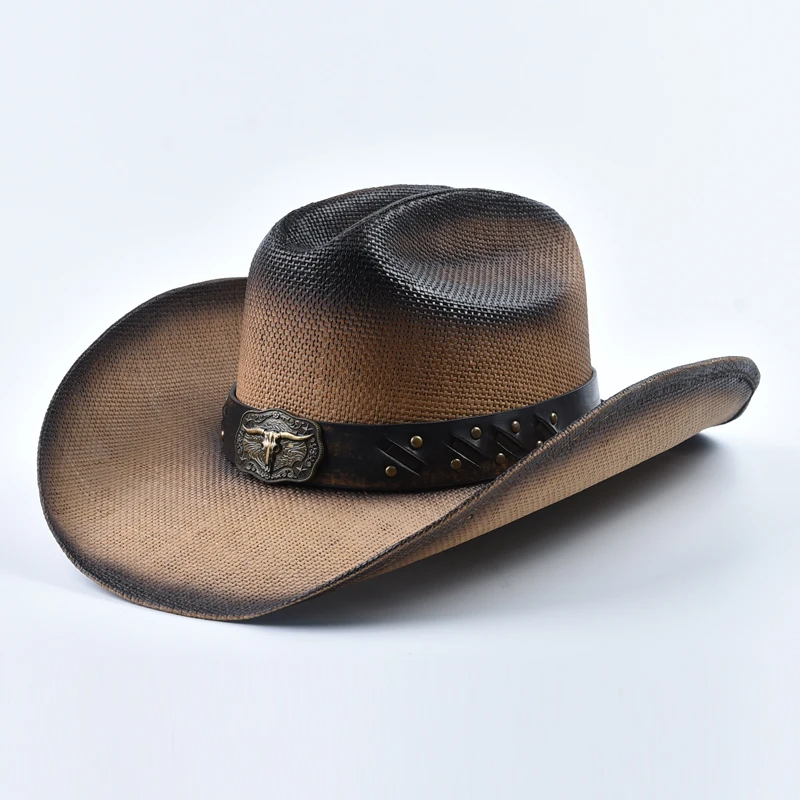 New Western Style Straw Cowboy Summer Hats for Men Vintage Curled Wide Brim Cowgirl Hats Sombrero Hombre