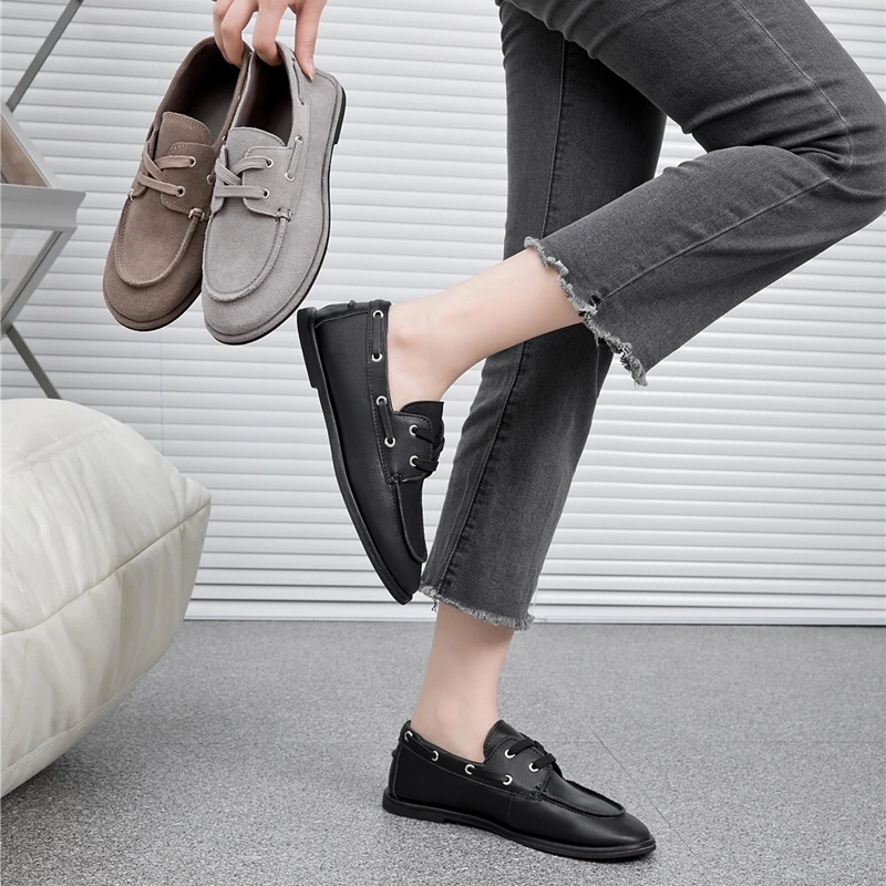 2026 New Women's Flat Loafers Retro Round-Toe Mary Janes Women Shoes Large-Size Genuine Leather Comfortable Loafers Female