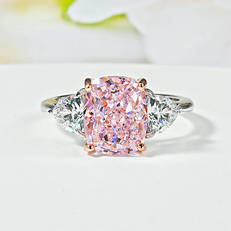 Luxury pink diamond Radian ice cut 925 silver ring set with high carbon diamond temperament versatile ice cut