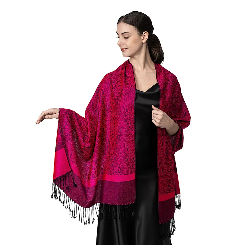 [T003] 1pc Bohemian Fashion Paisley Jacquard Pashmina Scarf Tassel Ladies Hijab Shawl Wrap Winter Suitable For Daily Wear