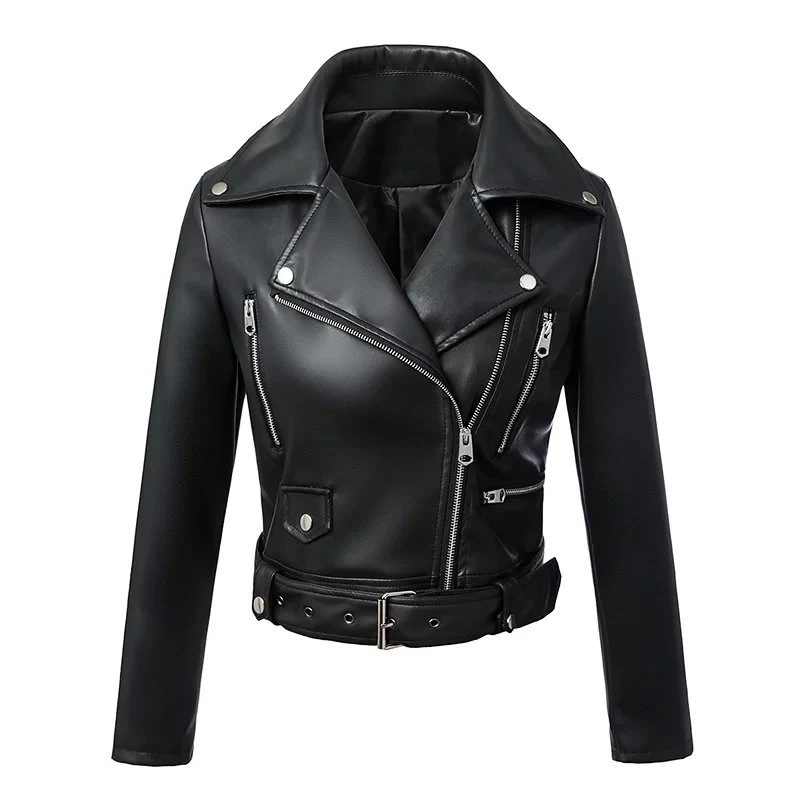 Ailegogo Spring Autumn Women Moto Biker Black Pu Fuax Leather Jacket Streetwear Female Belt Zipper Slim Fit Short Coat Outwear