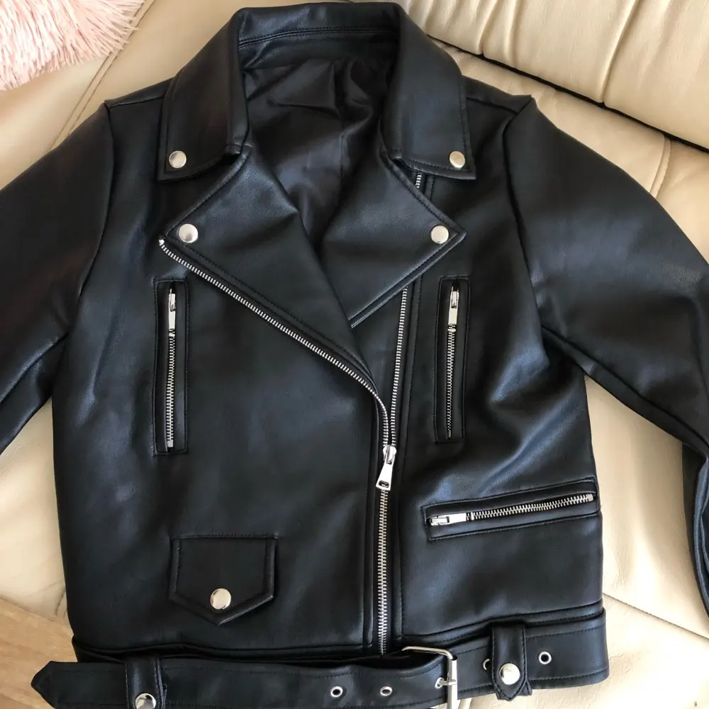 Ailegogo Spring Autumn Women Moto Biker Black Pu Fuax Leather Jacket Streetwear Female Belt Zipper Slim Fit Short Coat Outwear