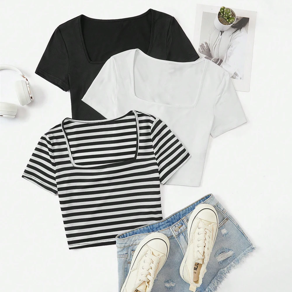 3 Pieces Summer Slim Fit T-Shirt Women's Sexy Short-Sleeved U-Neck Low Cut Solid Color Basic Black/White Korean Style Crop Top
