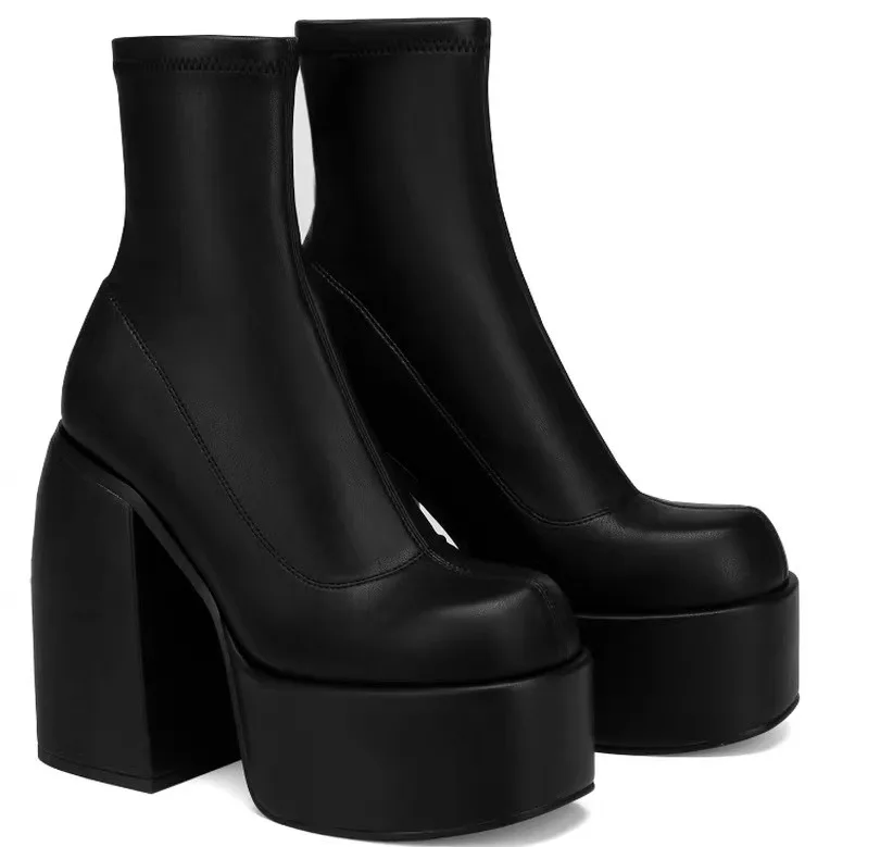 Women New Fashion Short Boots Women Sexy Leather Boot Square toe casual Zipper high heels Casual thick soled women shoes Zapatos