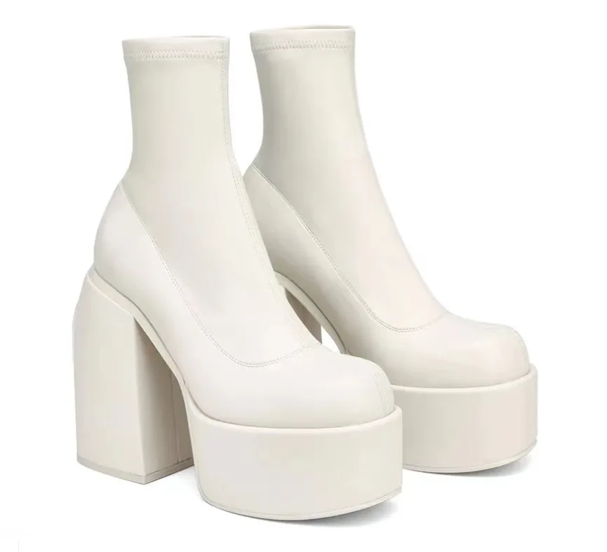 Women New Fashion Short Boots Women Sexy Leather Boot Square toe casual Zipper high heels Casual thick soled women shoes Zapatos