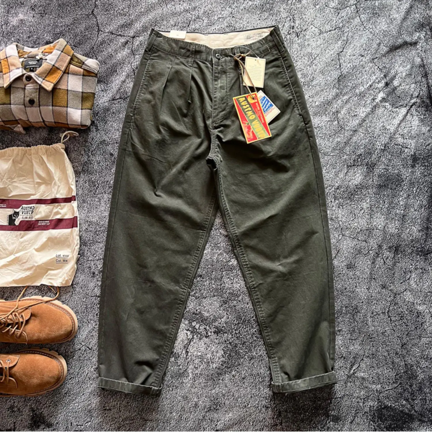 Amekaji Heavyweight Pure Cotton Twill Reinforced Work Pants Loose Tapered Straight-leg Basic Solid Color Casual Trousers for Men