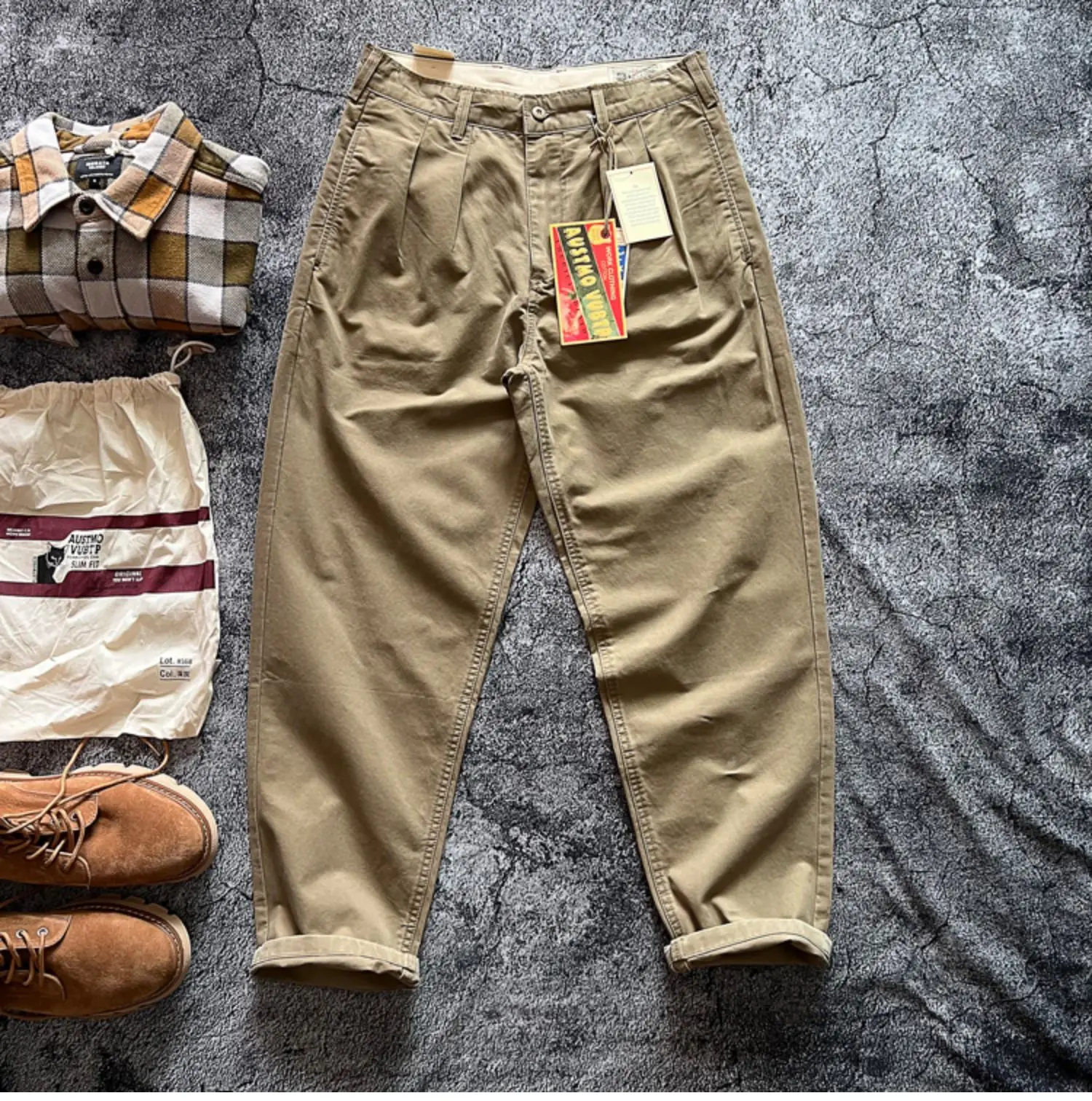 Amekaji Heavyweight Pure Cotton Twill Reinforced Work Pants Loose Tapered Straight-leg Basic Solid Color Casual Trousers for Men