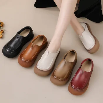 New Lug Sole Ballet Flats Women's Genuine Leather Shoes Size 42 Woman Anti Skid Loafers Brand Luxury Handmade Vintage Moccasins