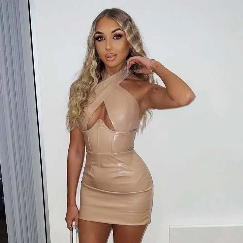 Sexy Off Shoulder Wrap Chest Hollow Out Imitation Leather Bodycon Dress Women Sleeveless Skinny Evening Dress Club Party