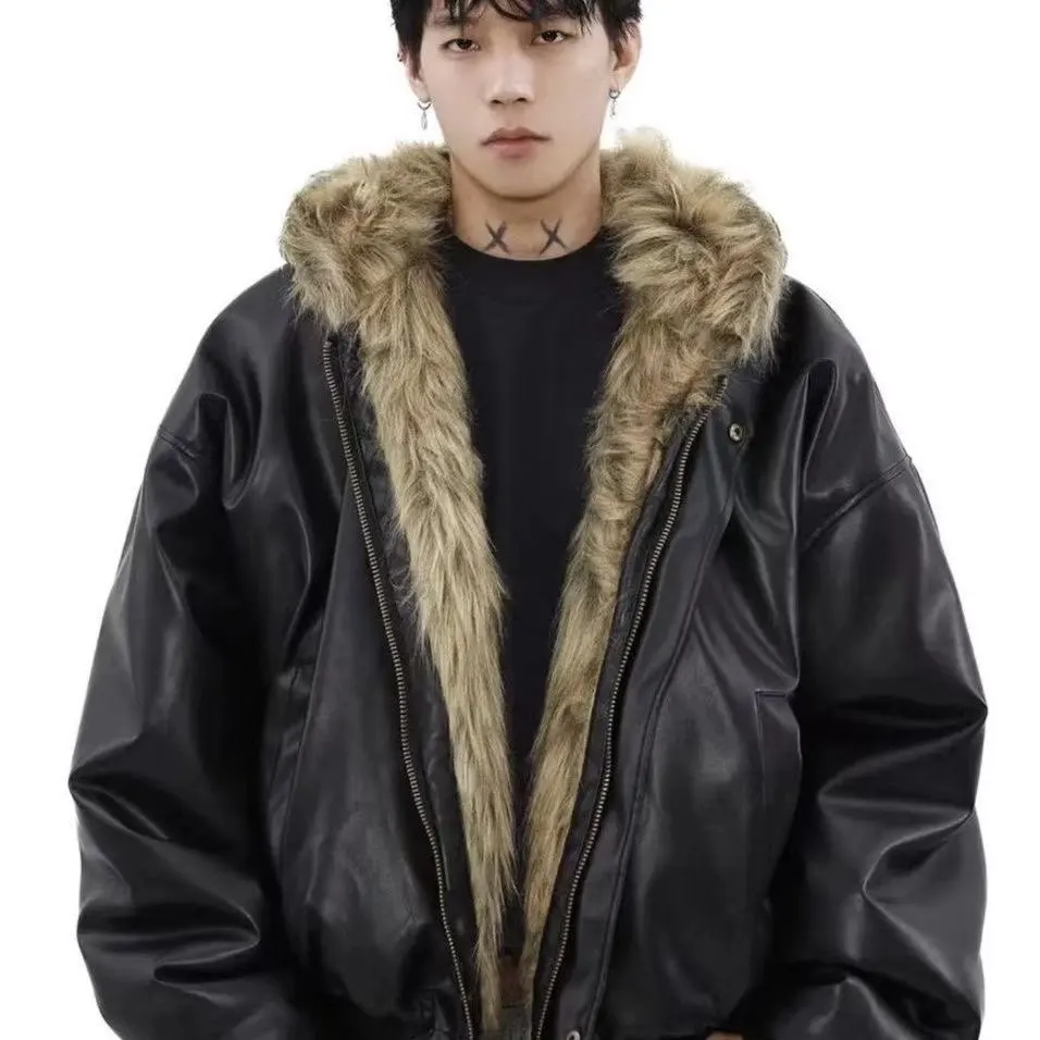 Winter New Fashion American Men's Solid Fur-lined Warm Outwear Casual Loose Daily Thicken Faux Leather Coats Male Clothes