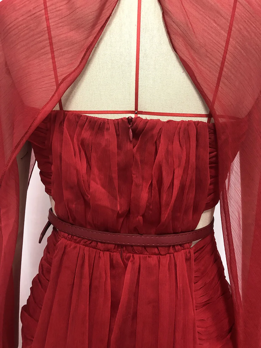 TWOTWINSTYLE Slimming Hollow Out Spliced Ribbons Temperament Dress for Women V Neck Sleeveless High Waist Dresses Female Fashion