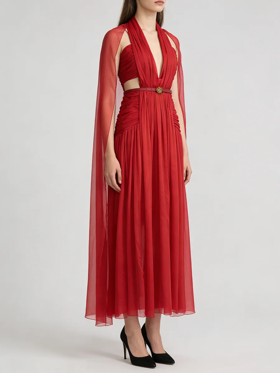 TWOTWINSTYLE Slimming Hollow Out Spliced Ribbons Temperament Dress for Women V Neck Sleeveless High Waist Dresses Female Fashion