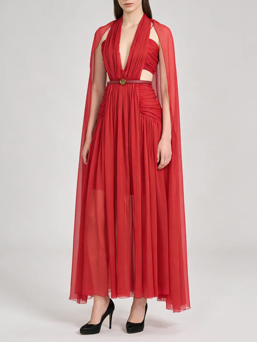 TWOTWINSTYLE Slimming Hollow Out Spliced Ribbons Temperament Dress for Women V Neck Sleeveless High Waist Dresses Female Fashion