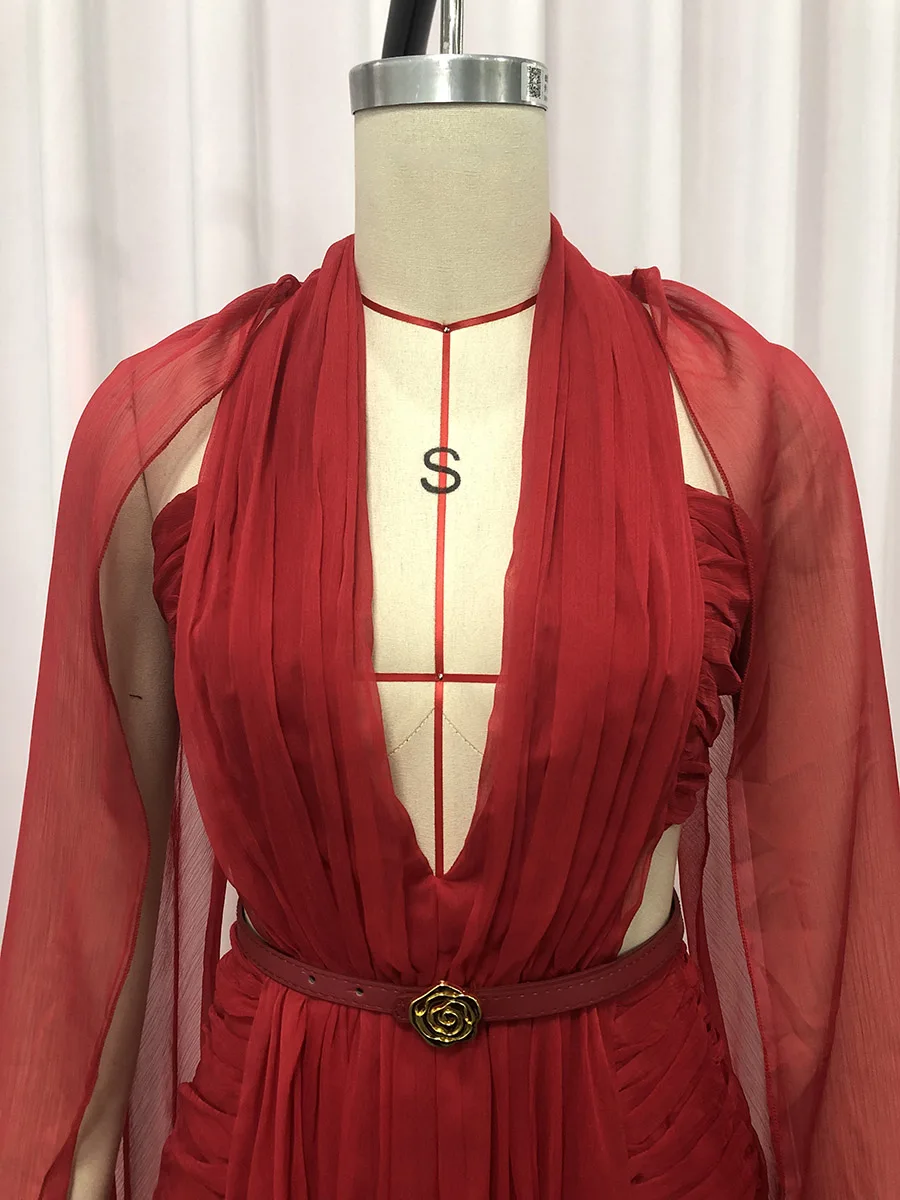 TWOTWINSTYLE Slimming Hollow Out Spliced Ribbons Temperament Dress for Women V Neck Sleeveless High Waist Dresses Female Fashion