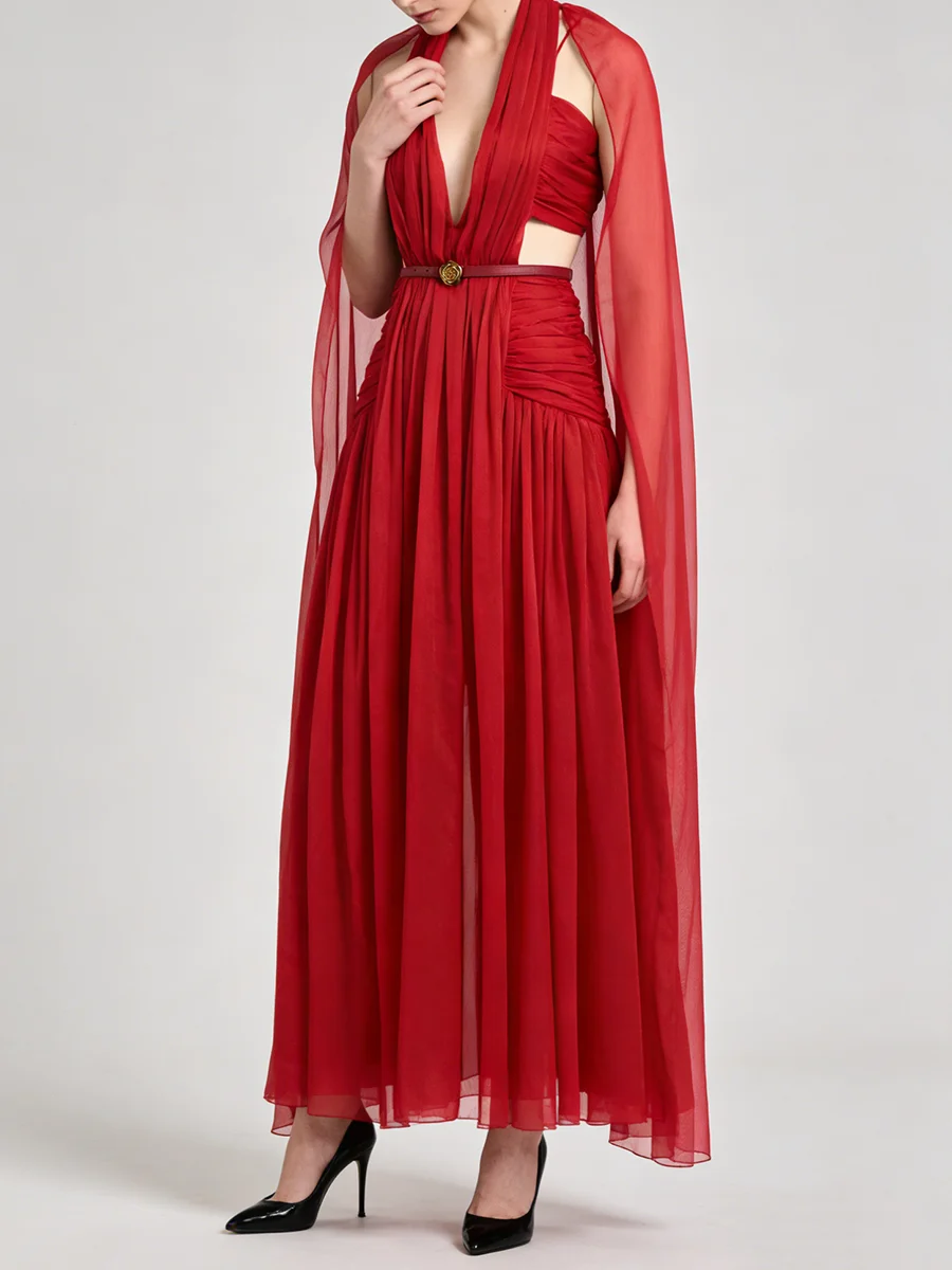 TWOTWINSTYLE Slimming Hollow Out Spliced Ribbons Temperament Dress for Women V Neck Sleeveless High Waist Dresses Female Fashion
