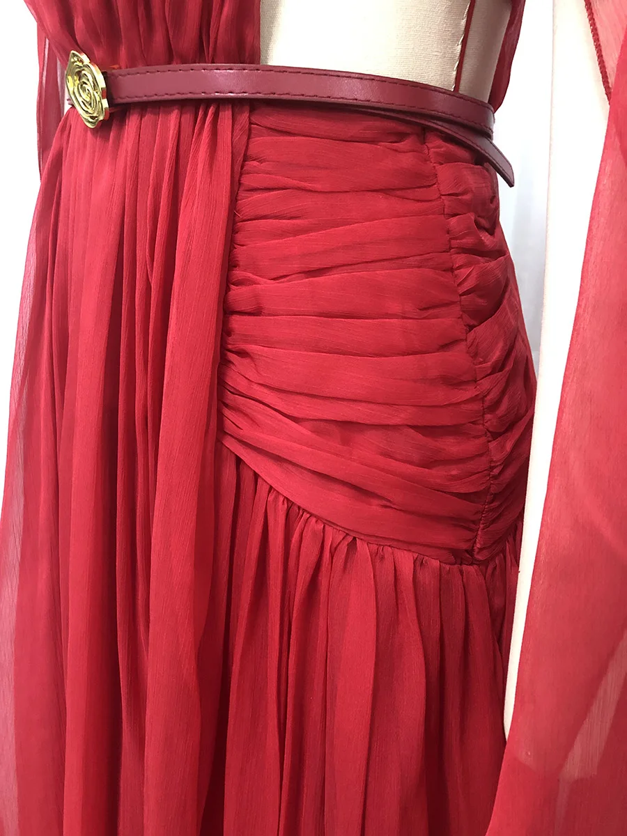 TWOTWINSTYLE Slimming Hollow Out Spliced Ribbons Temperament Dress for Women V Neck Sleeveless High Waist Dresses Female Fashion