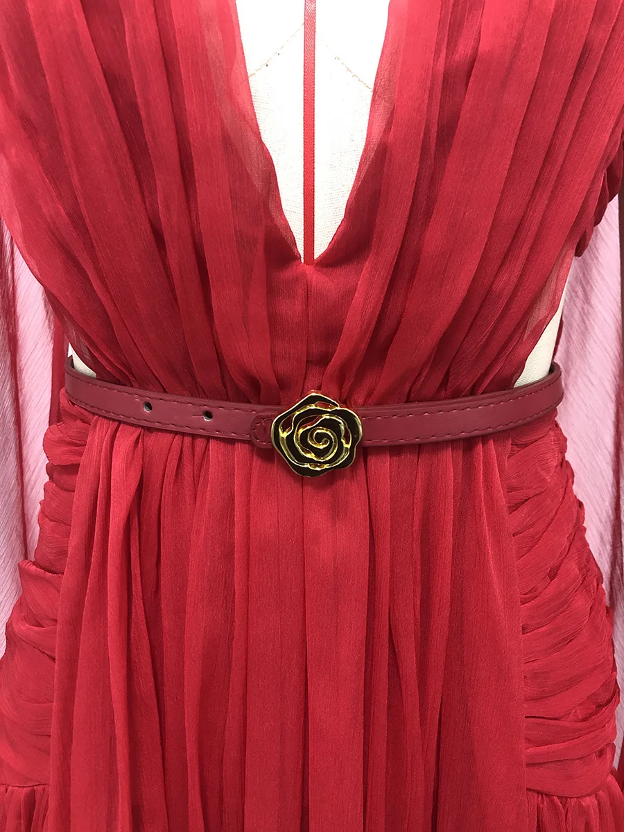 TWOTWINSTYLE Slimming Hollow Out Spliced Ribbons Temperament Dress for Women V Neck Sleeveless High Waist Dresses Female Fashion
