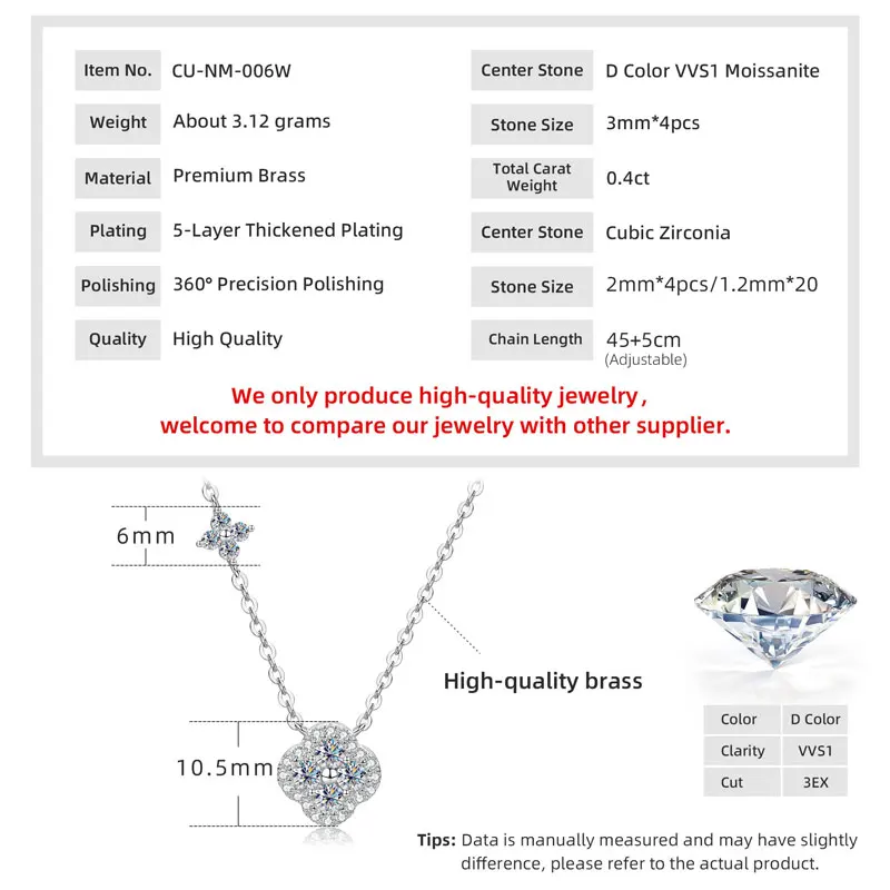 Lnkry 2.5MM Moissanite Necklace Bracelet Stud Earring 14k Gold Filled Four Leaf Flower Jewelry Set For Couples Wedding Gift