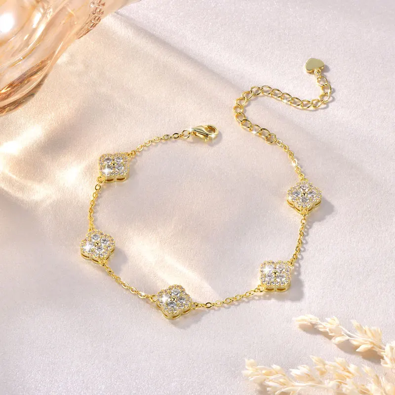 Lnkry 2.5MM Moissanite Necklace Bracelet Stud Earring 14k Gold Filled Four Leaf Flower Jewelry Set For Couples Wedding Gift