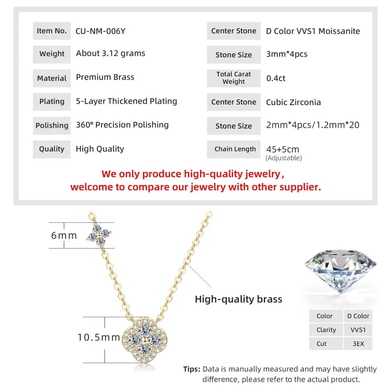 Lnkry 2.5MM Moissanite Necklace Bracelet Stud Earring 14k Gold Filled Four Leaf Flower Jewelry Set For Couples Wedding Gift