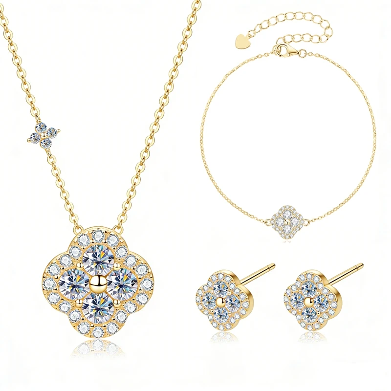 Lnkry 2.5MM Moissanite Necklace Bracelet Stud Earring 14k Gold Filled Four Leaf Flower Jewelry Set For Couples Wedding Gift