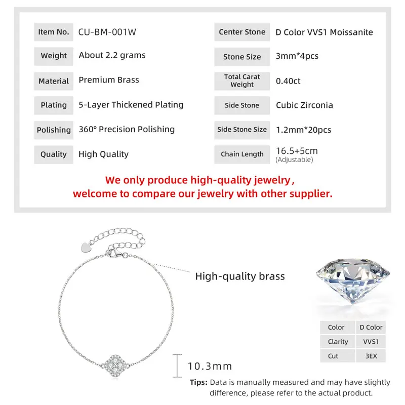 Lnkry 2.5MM Moissanite Necklace Bracelet Stud Earring 14k Gold Filled Four Leaf Flower Jewelry Set For Couples Wedding Gift