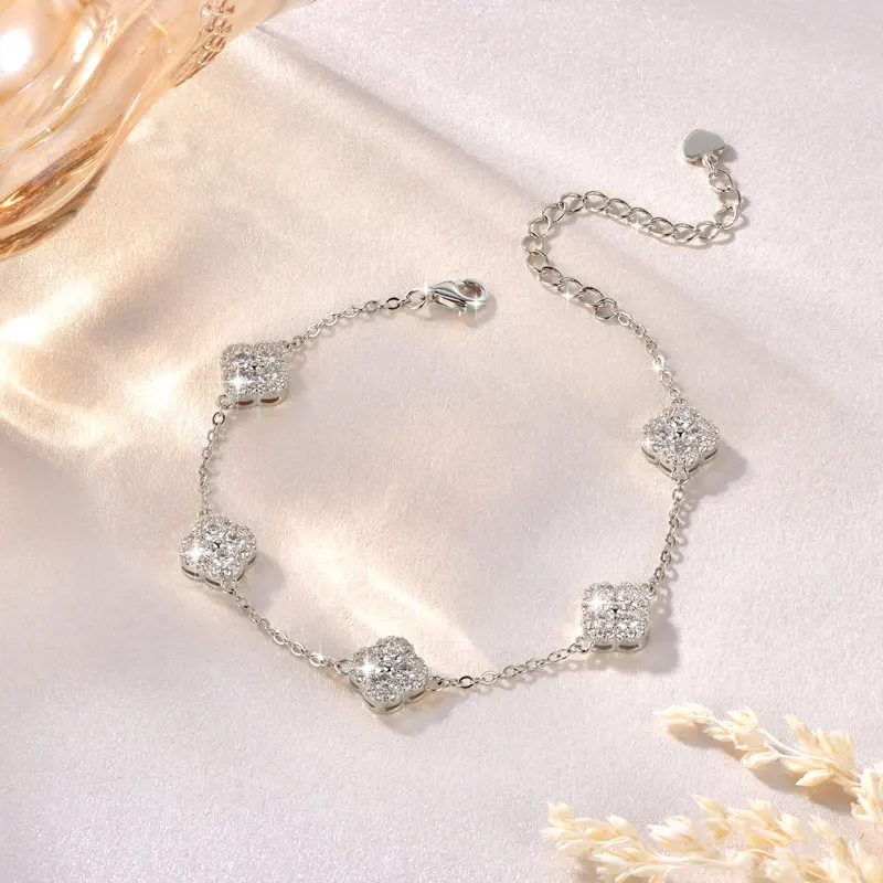 Lnkry 2.5MM Moissanite Necklace Bracelet Stud Earring 14k Gold Filled Four Leaf Flower Jewelry Set For Couples Wedding Gift