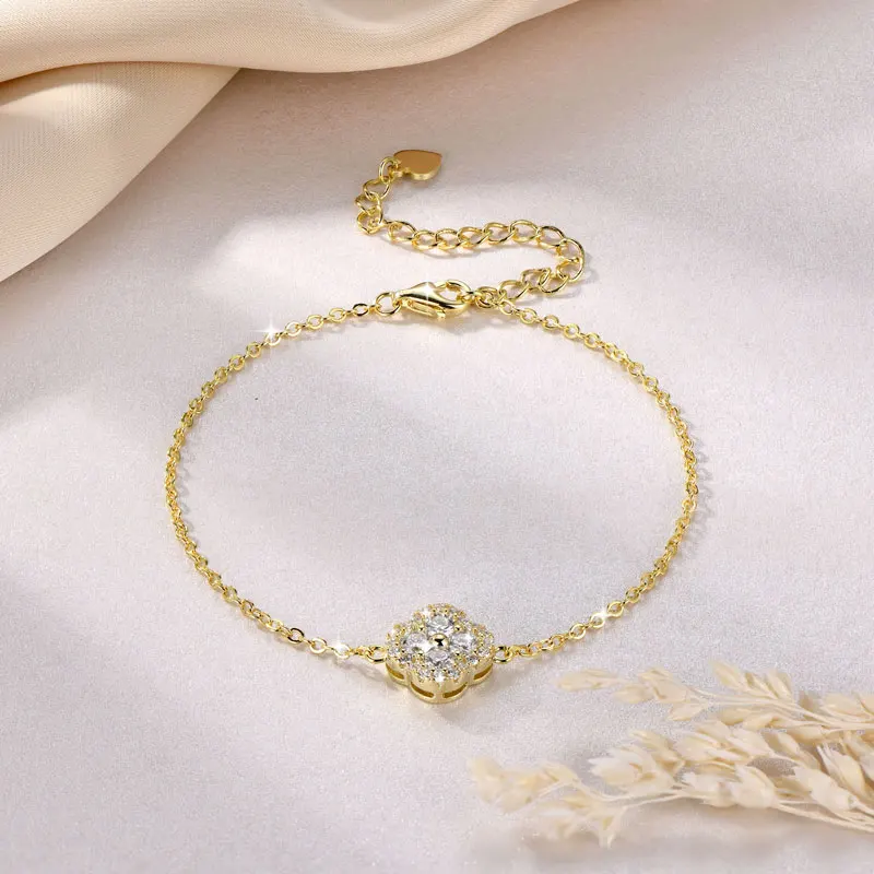 Lnkry 2.5MM Moissanite Necklace Bracelet Stud Earring 14k Gold Filled Four Leaf Flower Jewelry Set For Couples Wedding Gift