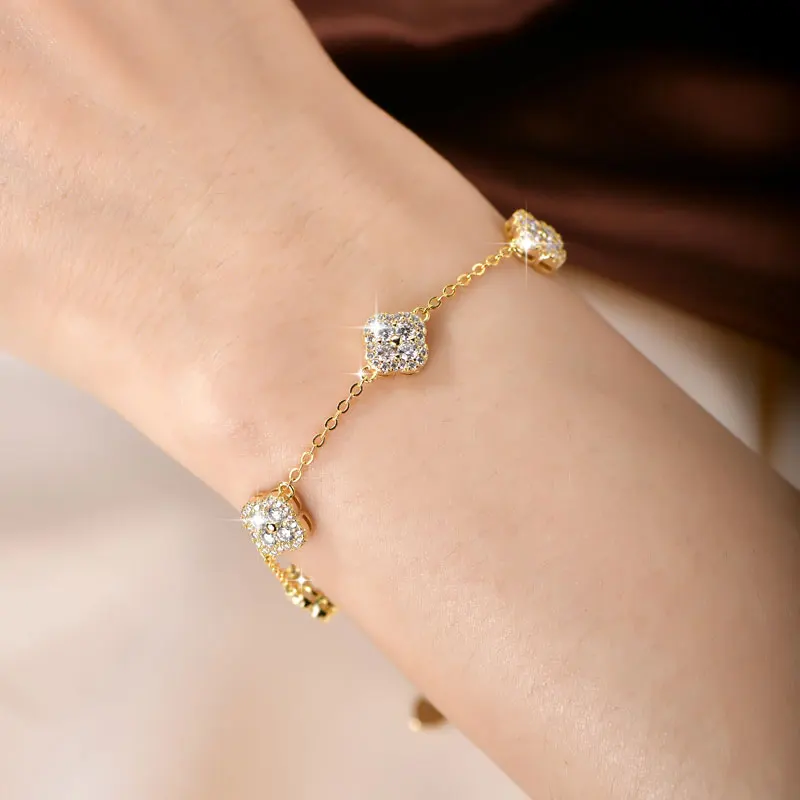 Lnkry 2.5MM Moissanite Necklace Bracelet Stud Earring 14k Gold Filled Four Leaf Flower Jewelry Set For Couples Wedding Gift
