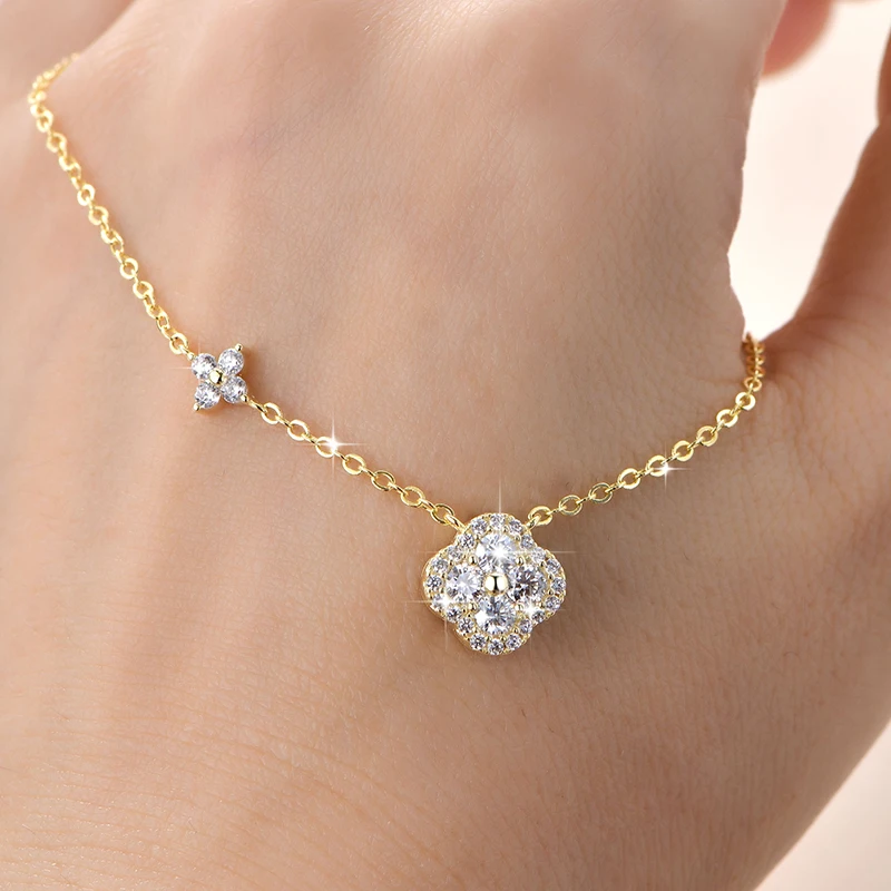 Lnkry 2.5MM Moissanite Necklace Bracelet Stud Earring 14k Gold Filled Four Leaf Flower Jewelry Set For Couples Wedding Gift