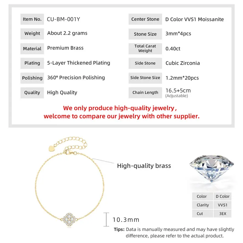 Lnkry 2.5MM Moissanite Necklace Bracelet Stud Earring 14k Gold Filled Four Leaf Flower Jewelry Set For Couples Wedding Gift