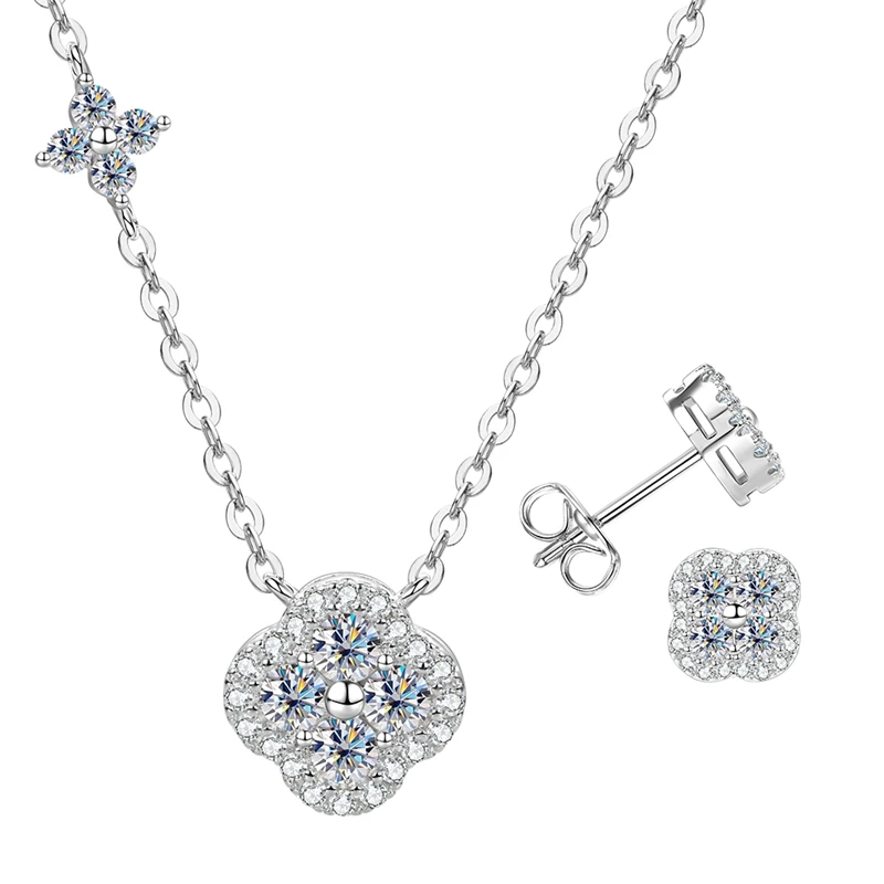 Lnkry 2.5MM Moissanite Necklace Bracelet Stud Earring 14k Gold Filled Four Leaf Flower Jewelry Set For Couples Wedding Gift