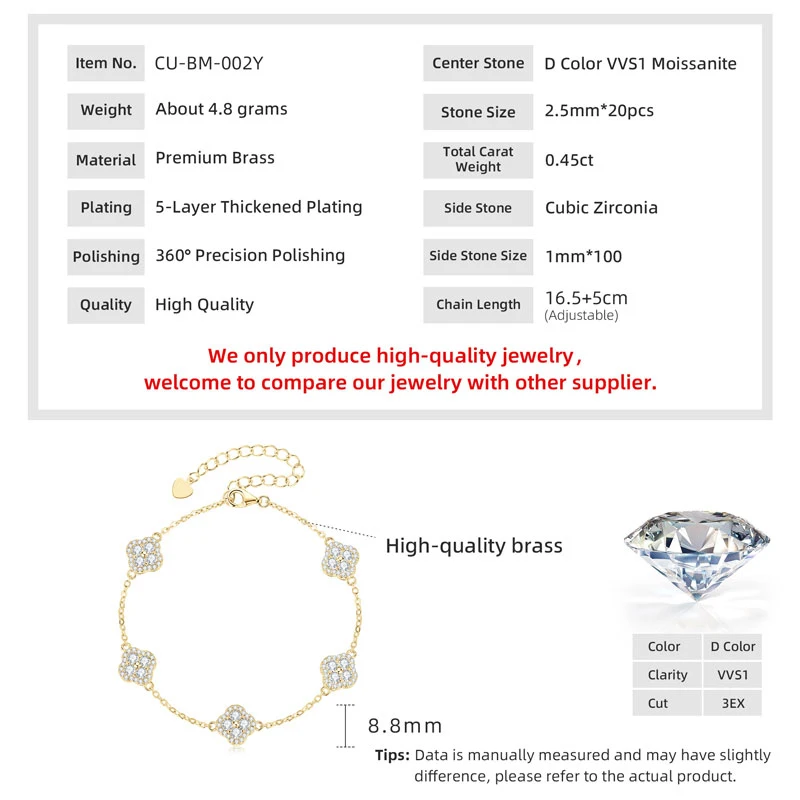 Lnkry 2.5MM Moissanite Necklace Bracelet Stud Earring 14k Gold Filled Four Leaf Flower Jewelry Set For Couples Wedding Gift