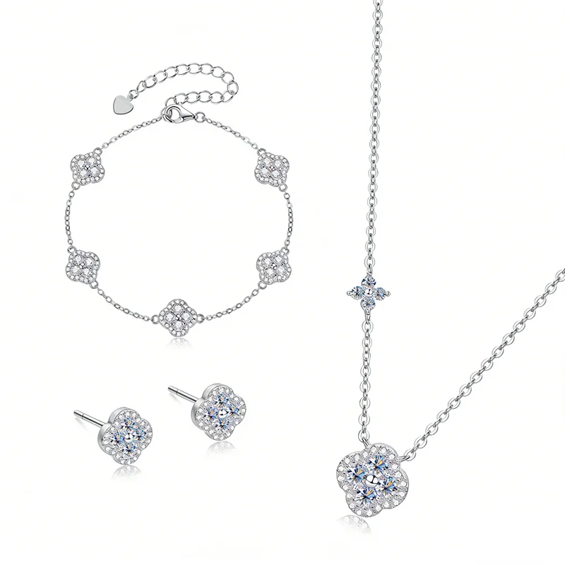 Lnkry 2.5MM Moissanite Necklace Bracelet Stud Earring 14k Gold Filled Four Leaf Flower Jewelry Set For Couples Wedding Gift