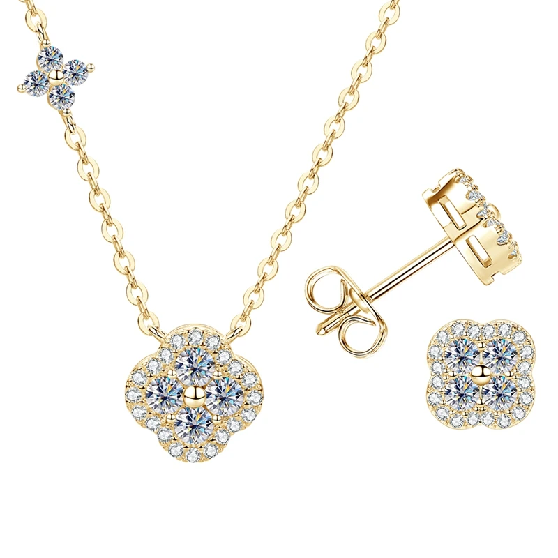 Lnkry 2.5MM Moissanite Necklace Bracelet Stud Earring 14k Gold Filled Four Leaf Flower Jewelry Set For Couples Wedding Gift