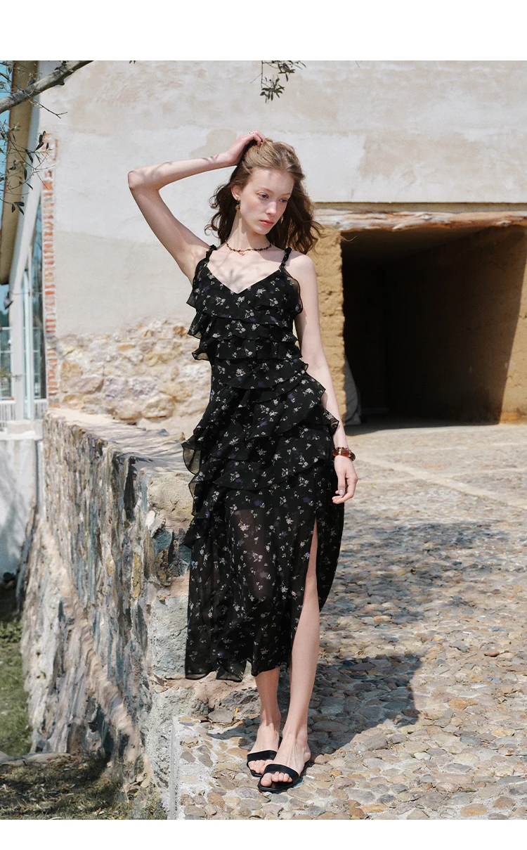 FSLE Summer Women Floral Print Ruffle Tiered Maxi Dress Adjustable Spaghetti Strap A-Line Long Dress Coquette Romantic Style