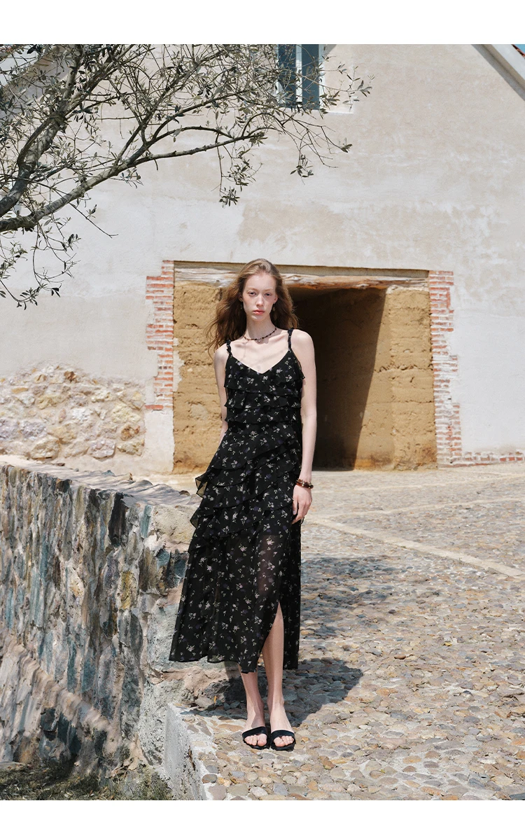 FSLE Summer Women Floral Print Ruffle Tiered Maxi Dress Adjustable Spaghetti Strap A-Line Long Dress Coquette Romantic Style